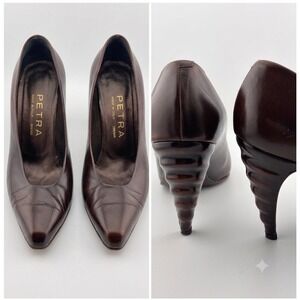 Vtg Womens 7.5 M Firenze Petra Brown Leather Pumps Ribbed Cone Horn Heel Italy